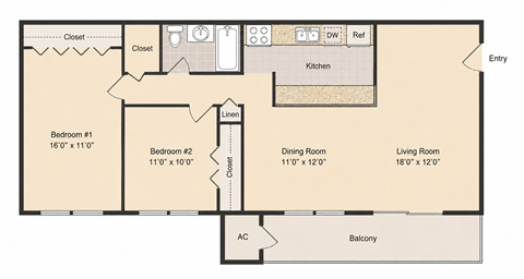 Floor plan for 2 beds, 1 bath